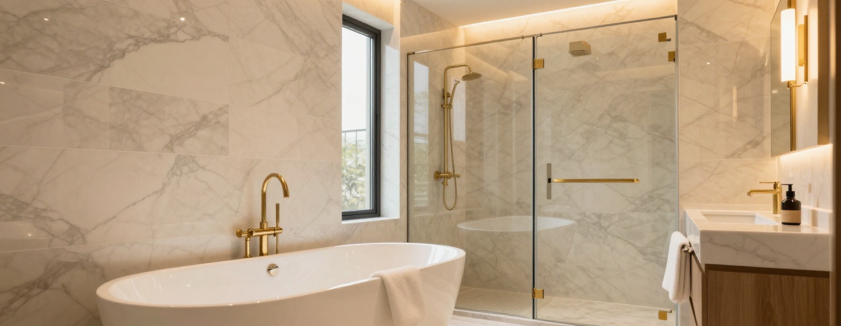 Luxury marble bathroom with freestanding tub and gold fixtures