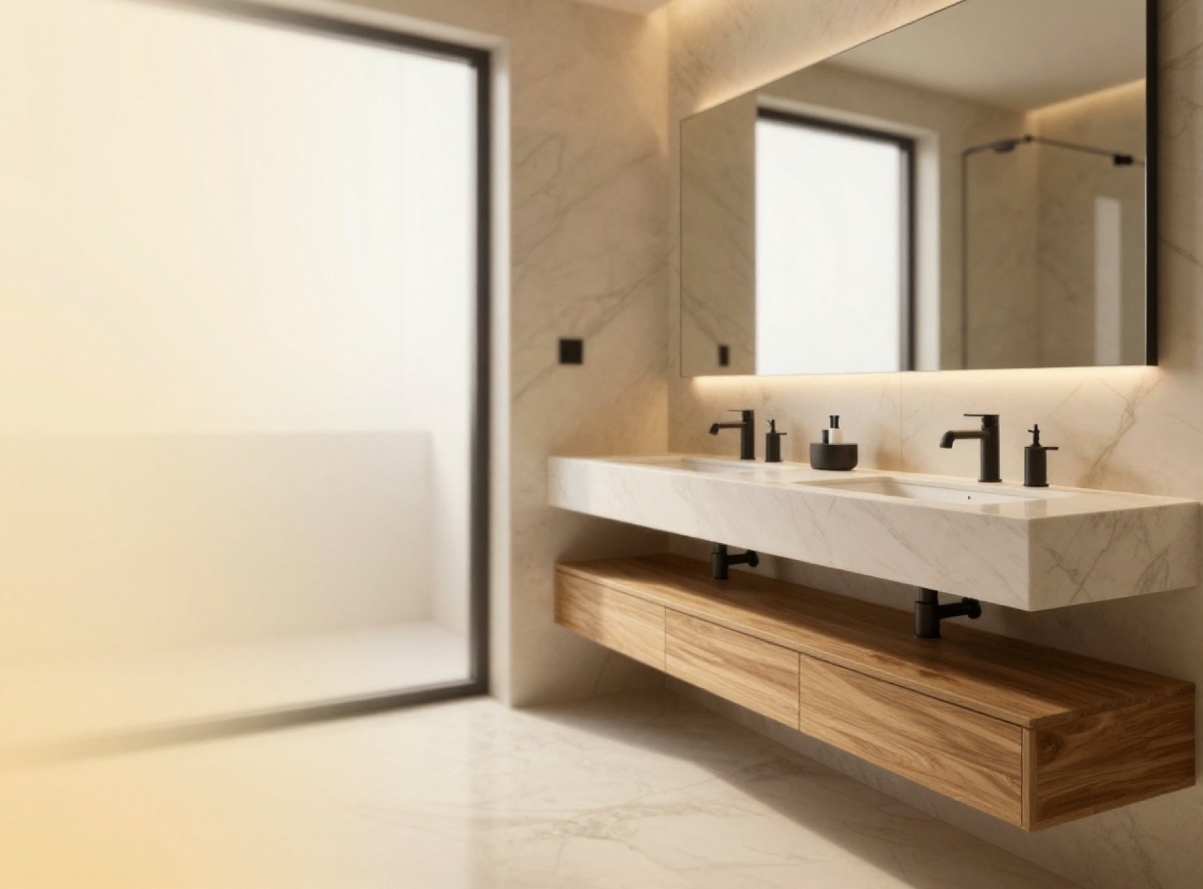 A bright, modern remodeled bathroom with a marble shower and floating wood vanity