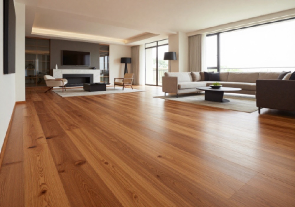 Wide-plank hardwood floor in a bright living space