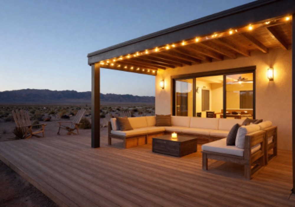 Wood deck with outdoor seating at dusk