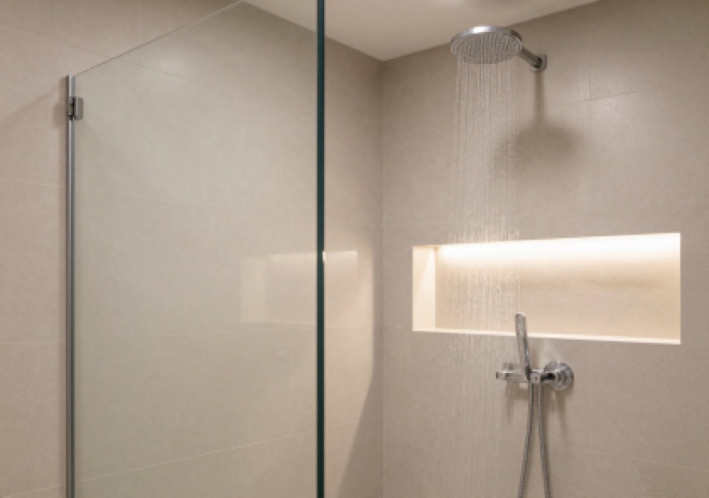 Walk-in shower with rainfall head and a lit tile niche