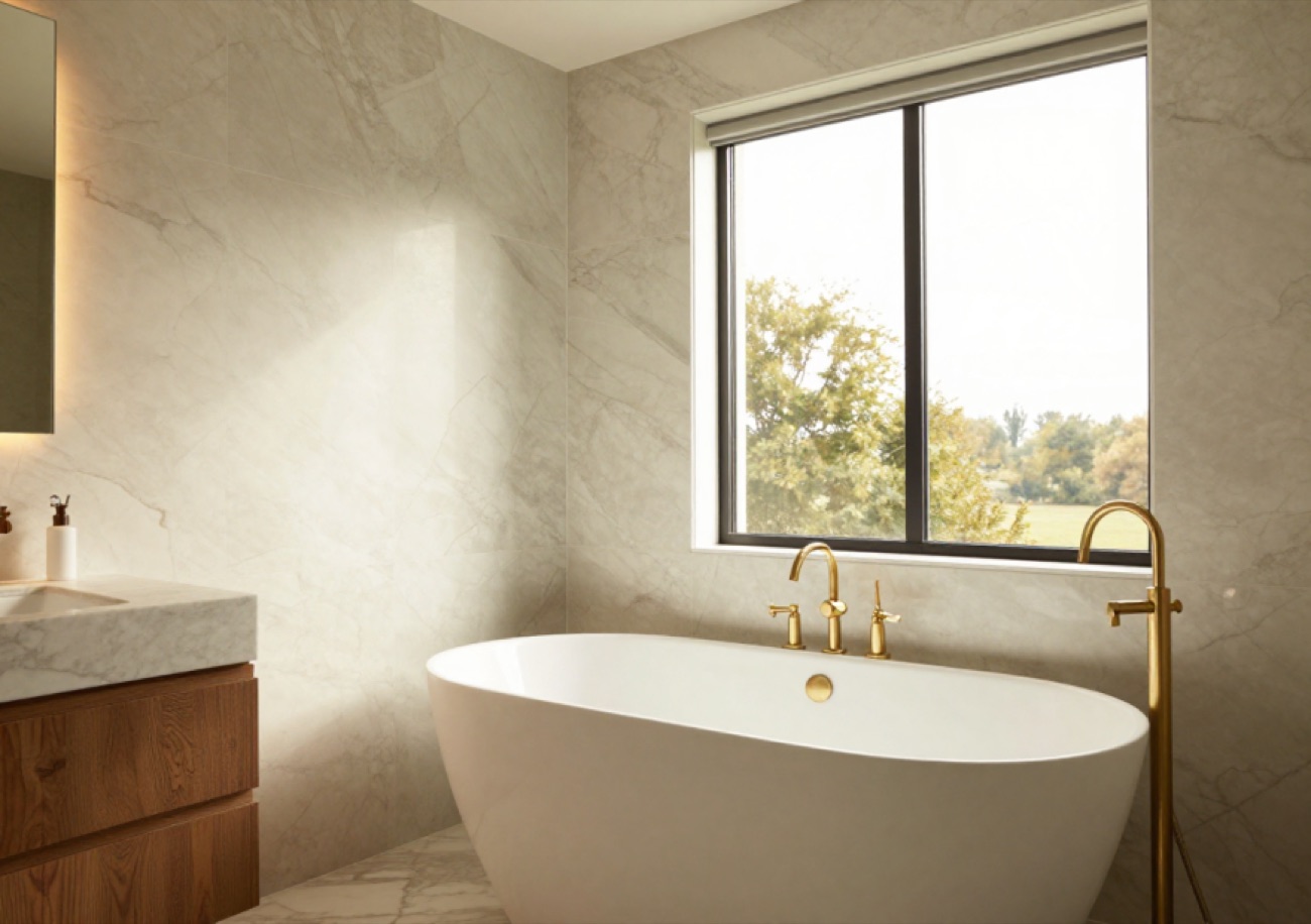 Bathroom with a freestanding tub, marble walls, and brass fixtures
